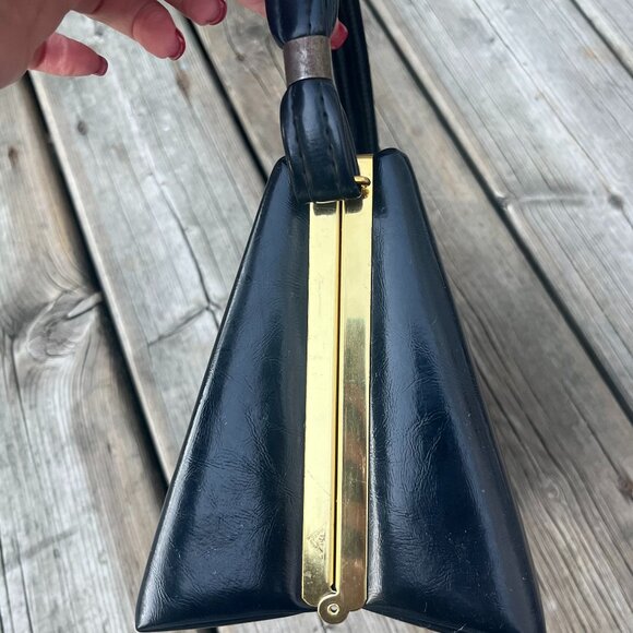 Vintage Navy Box Handbag Gold Hardware Top Handle 50s 60s Classic Chic - Picture 4 of 6